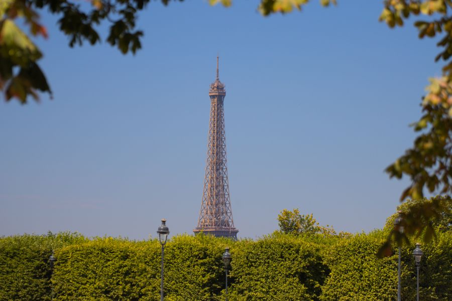eiffel tower view through lush greenery in paris — Support: カンファレンスのバッジ：QRチケットをスキャン、セッション予定を同期。