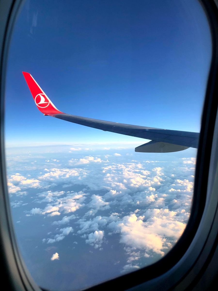 a turkish airplane flying above the white clouds — Support: 深夜便からの回復：フライト中にホテルのアーリーチェックインを手配。